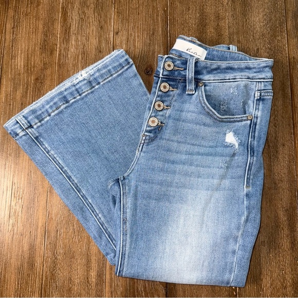 KanCan Light Blue Flare Jeans Distressed Button Fly Boho - Picture 2 of 12